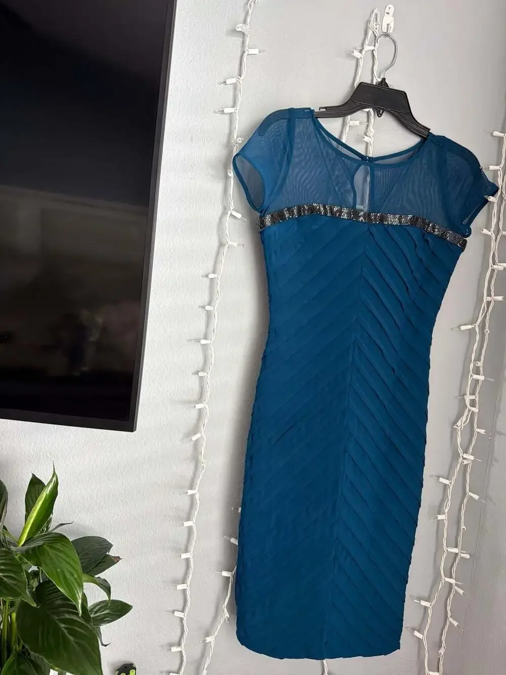Calvin Klein Teal Mesh Yoke Beaded Chevron Pleated Sheath Dress - Picture 2 of 12